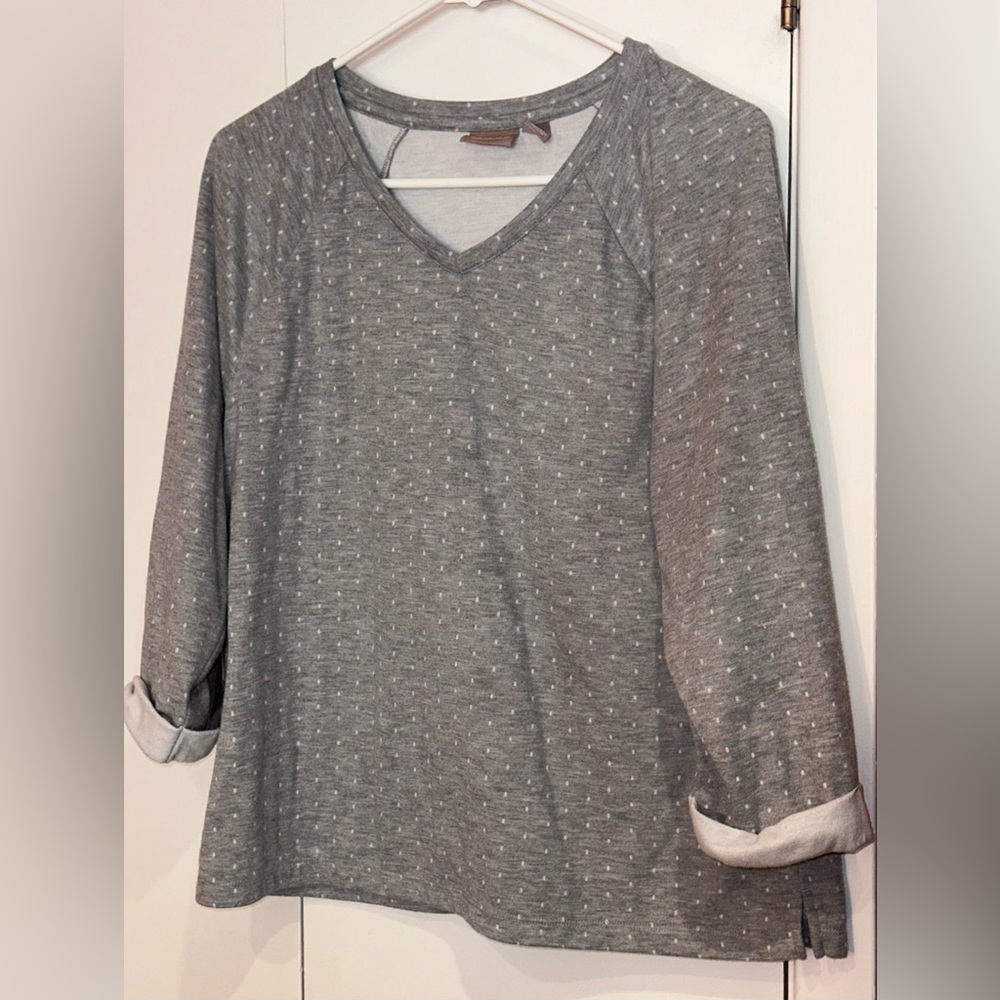 Chico’s fleece top gray with white dots. Size 2
